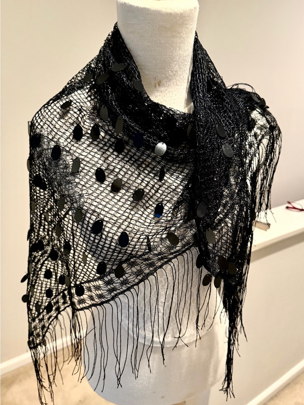 Black Sequined Mesh Fringe Scarf - Hip/Neck ScarfWomen Accessories